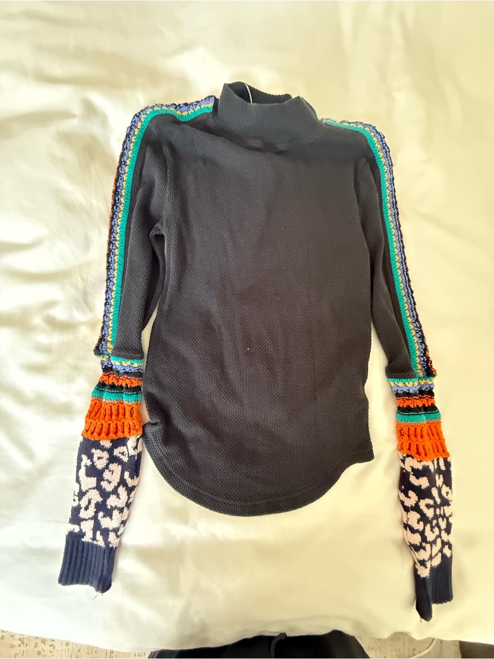 Woven Trim Black Long-Sleeve Women’s Top